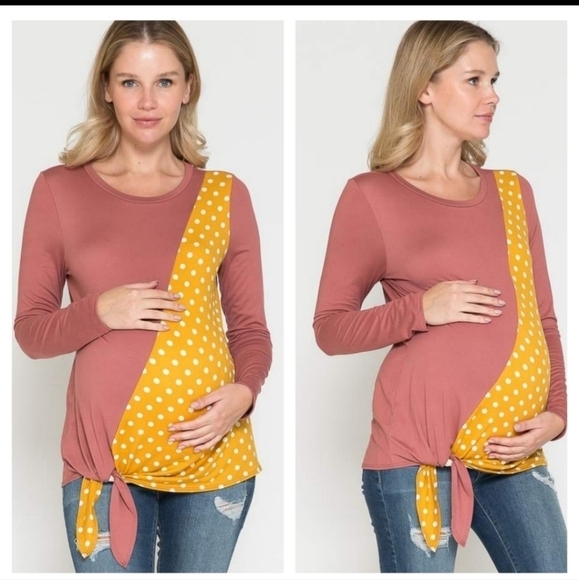Querencial Maternity Soft Stretchy Color Block Dot Print Front Tie Knot Top - Picture 1 of 8